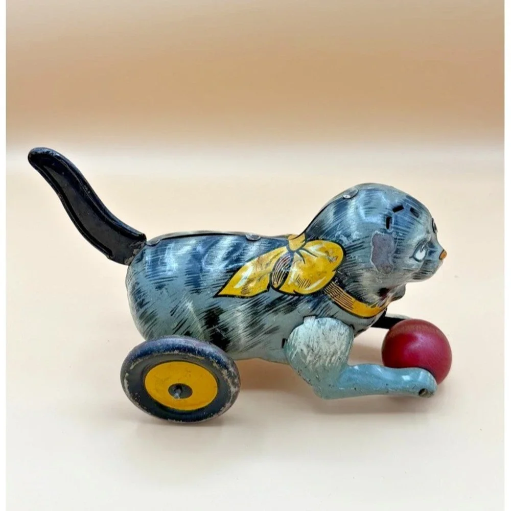 Vintage Marx Kitty Kat Tin Litho Lever Action Cat w/ Ball